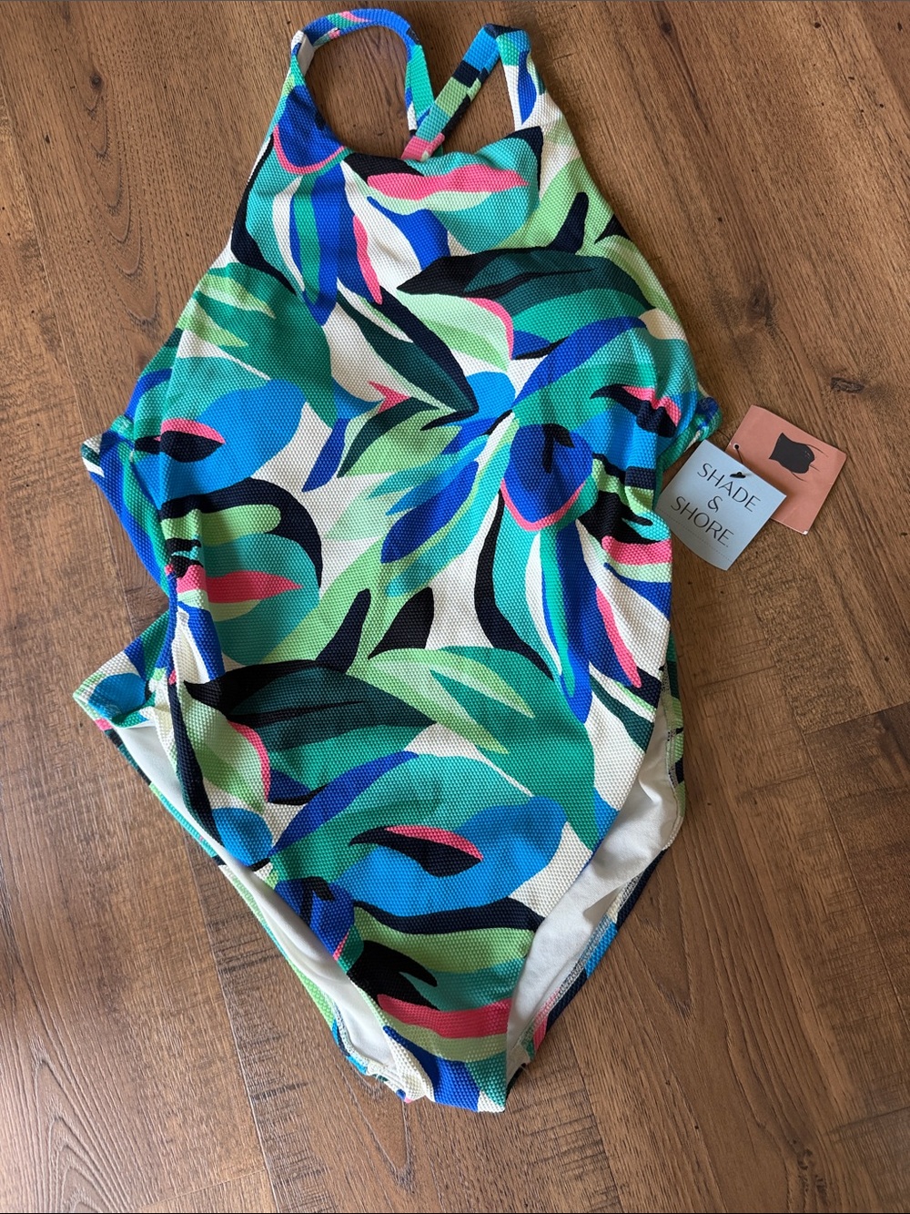Shade & Shore High Neck Tropical Leaf One-Piece Swimsuit - Green Blue Pink large